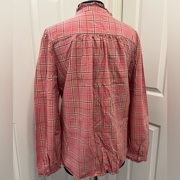 Loft Rose Pink Plaid Ruffle Neck Button Down Long Sleeve Shirt - Picture 6 of 15